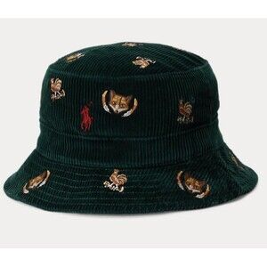 Polo Ralph Lauren Corduroy Preppy Fox Rooster Green Bucket Hat Size S/M